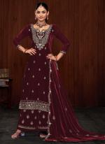 Velvet Maroon Party Wear Embroidery Work Plazzo Suit